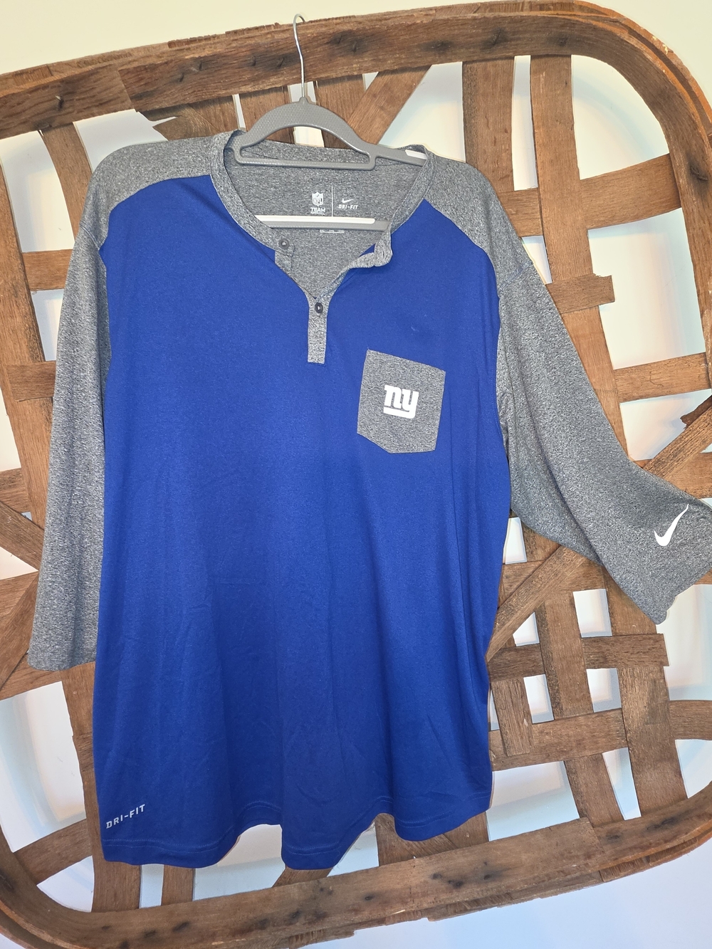 Nike Royal Blue and Gray New York Giants Henley Raglan Shirt